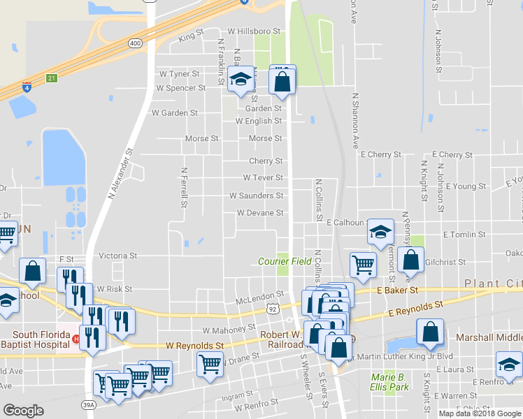 map of restaurants, bars, coffee shops, grocery stores, and more near 901 North Clark Street in Plant City