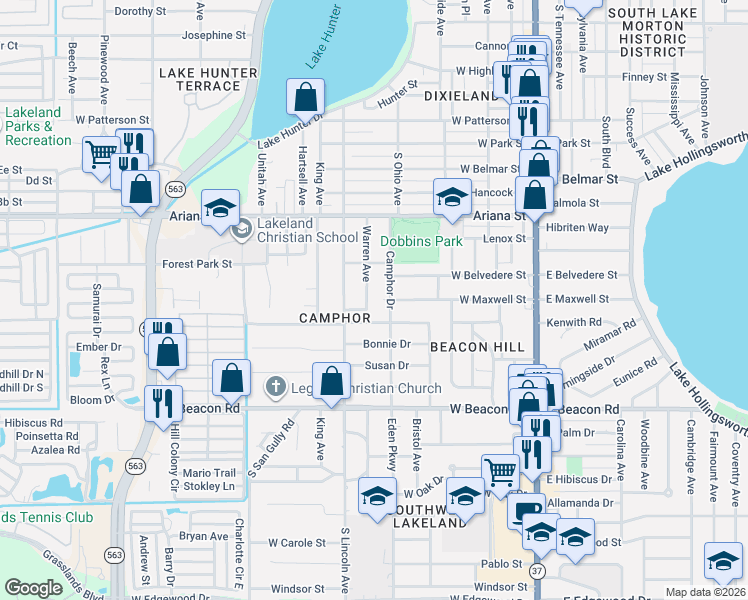 map of restaurants, bars, coffee shops, grocery stores, and more near 1623 Warren Avenue in Lakeland