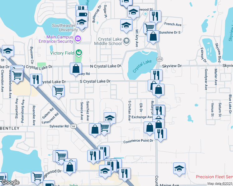 map of restaurants, bars, coffee shops, grocery stores, and more near 2325 Crystal Park North in Lakeland