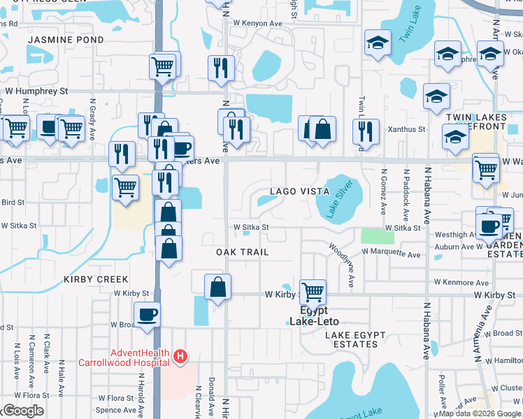 map of restaurants, bars, coffee shops, grocery stores, and more near 8210 La Serena Drive in Tampa
