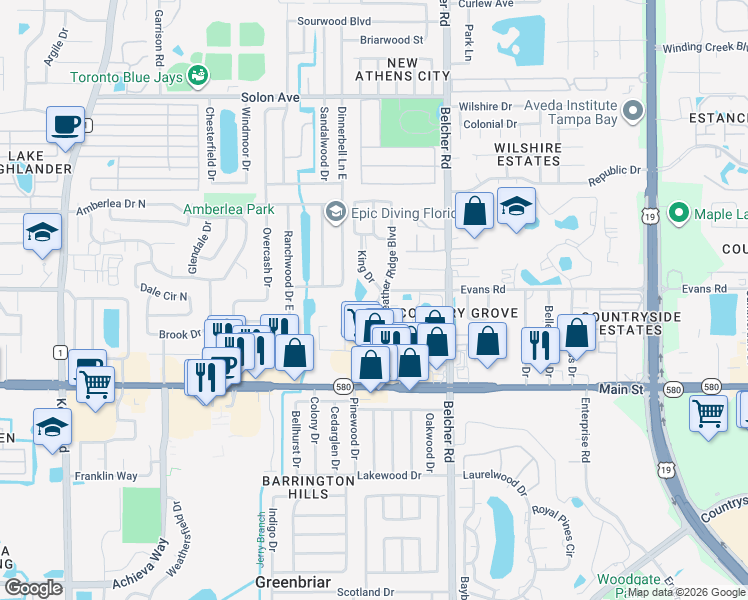 map of restaurants, bars, coffee shops, grocery stores, and more near 1430 Heather Ridge Boulevard in Dunedin