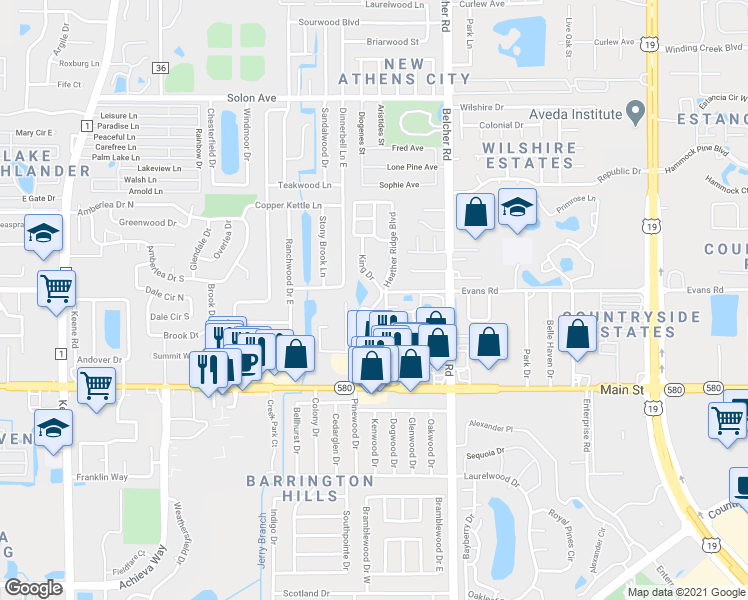 map of restaurants, bars, coffee shops, grocery stores, and more near 1430 Heather Ridge Boulevard in Dunedin