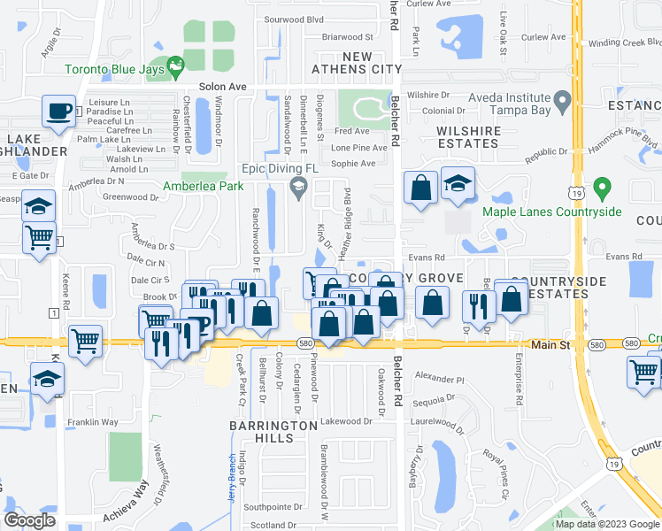 map of restaurants, bars, coffee shops, grocery stores, and more near 1430 Heather Ridge Boulevard in Dunedin