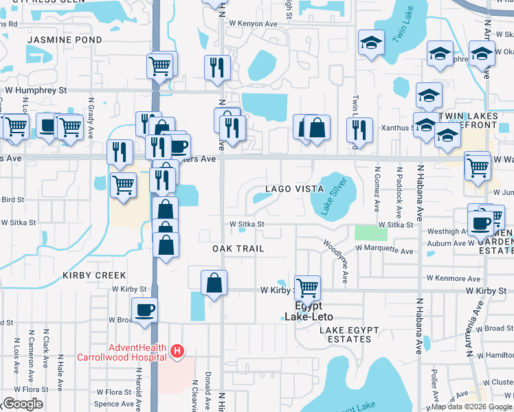 map of restaurants, bars, coffee shops, grocery stores, and more near 8210 La Serena Drive in Tampa