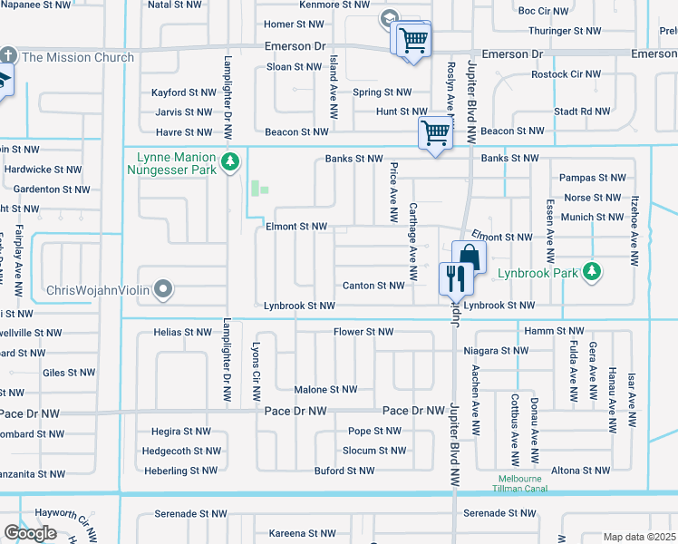 map of restaurants, bars, coffee shops, grocery stores, and more near 1062 Elmsford Street Northwest in Palm Bay