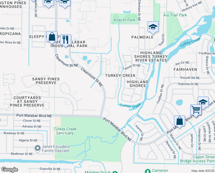 map of restaurants, bars, coffee shops, grocery stores, and more near 1011 Clearmont Street Northeast in Palm Bay