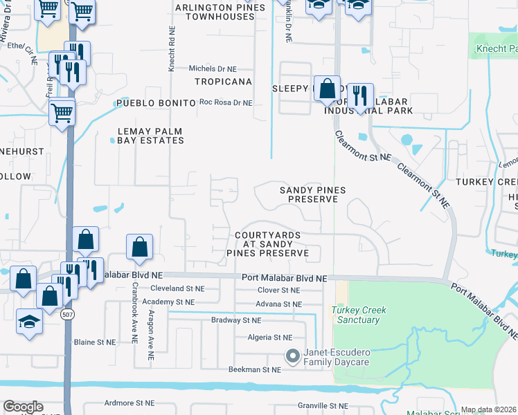map of restaurants, bars, coffee shops, grocery stores, and more near 2151 Spring Creek Circle in Palm Bay