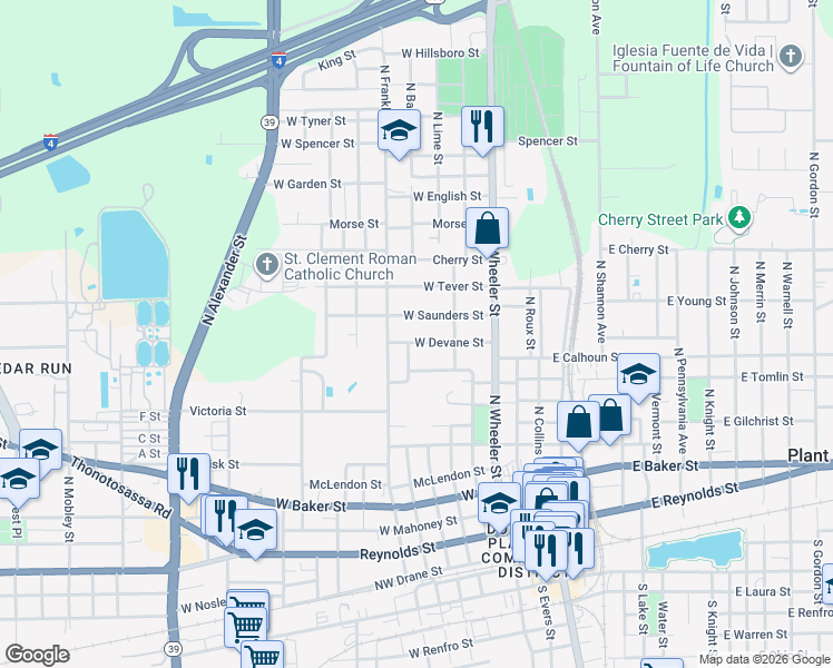map of restaurants, bars, coffee shops, grocery stores, and more near 591 West Saunders Street in Plant City