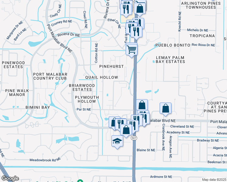 map of restaurants, bars, coffee shops, grocery stores, and more near 1608 Sunny Brook Lane in Palm Bay