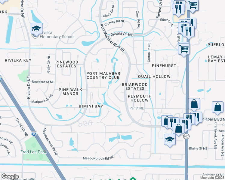 map of restaurants, bars, coffee shops, grocery stores, and more near 962 Waialae Circle Northeast in Palm Bay