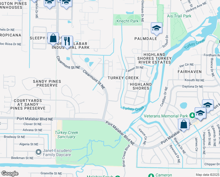 map of restaurants, bars, coffee shops, grocery stores, and more near 1011 Clearmont Street Northeast in Palm Bay