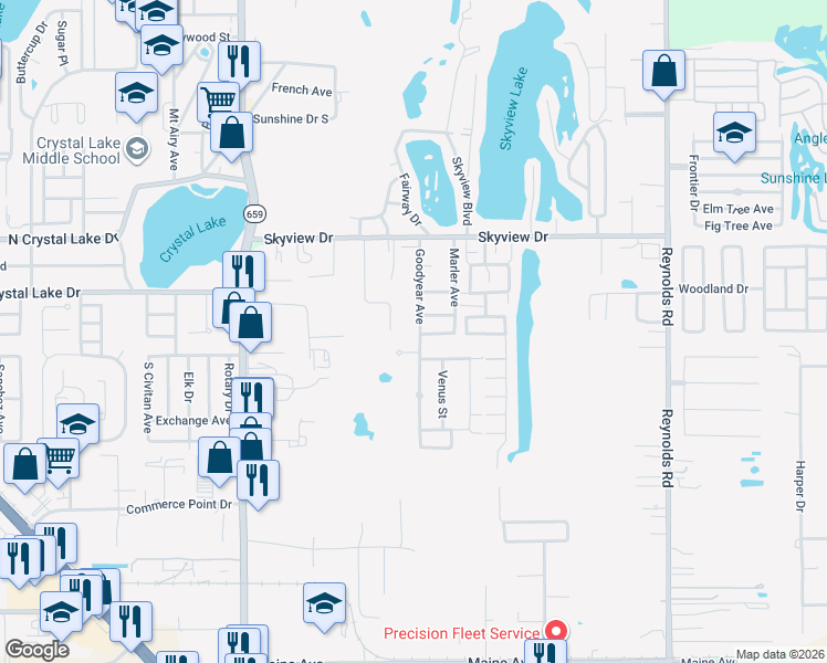 map of restaurants, bars, coffee shops, grocery stores, and more near 1639 Goodyear Avenue in Lakeland