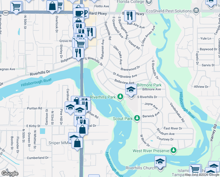 map of restaurants, bars, coffee shops, grocery stores, and more near 319 Fern Cliff Avenue in Temple Terrace