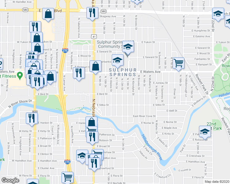 map of restaurants, bars, coffee shops, grocery stores, and more near 8206 North Alaska Street in Tampa