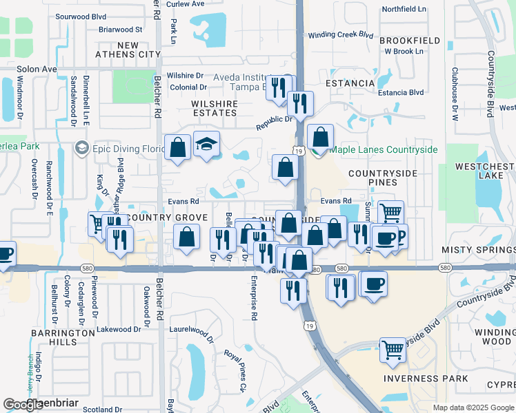 map of restaurants, bars, coffee shops, grocery stores, and more near 2798 Cypress Drive in Clearwater