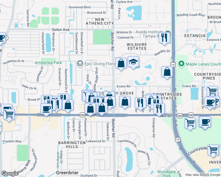 map of restaurants, bars, coffee shops, grocery stores, and more near 2174 Evans Road in Dunedin