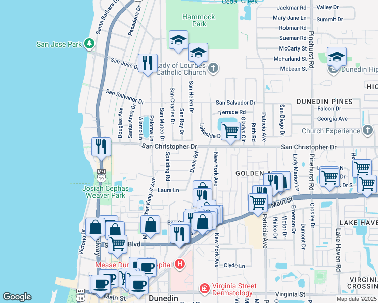 map of restaurants, bars, coffee shops, grocery stores, and more near 696 San Christopher Drive in Dunedin