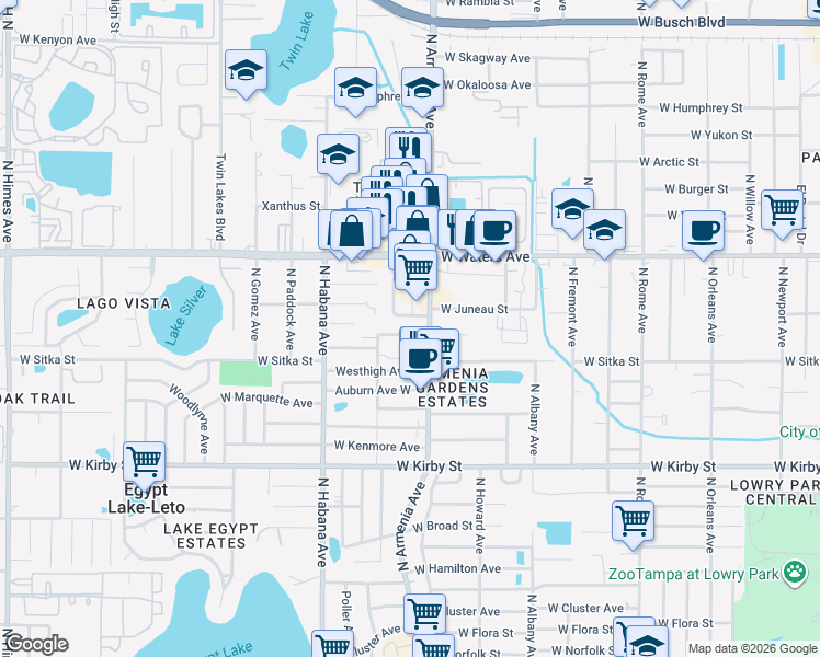 map of restaurants, bars, coffee shops, grocery stores, and more near 2511 West Bird Street in Tampa