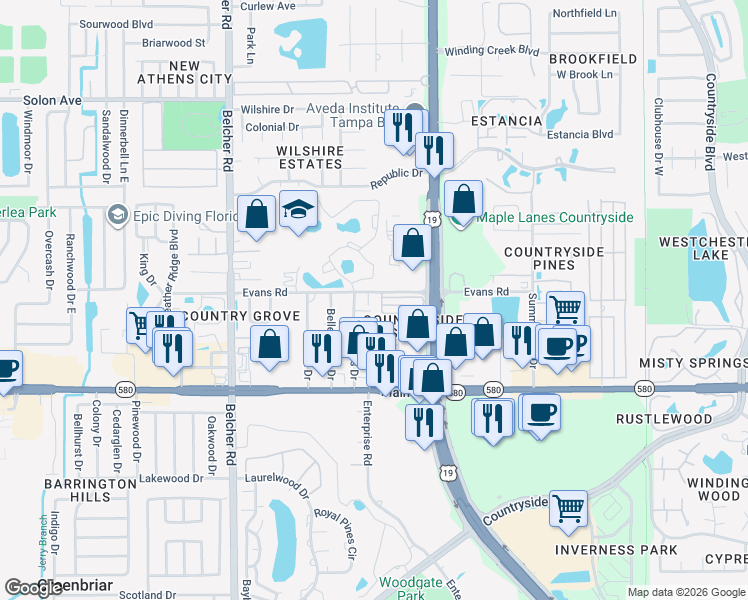 map of restaurants, bars, coffee shops, grocery stores, and more near 2798 Cypress Drive in Clearwater