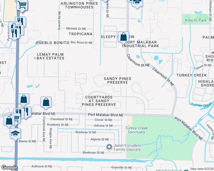 map of restaurants, bars, coffee shops, grocery stores, and more near 2128 Spring Creek Circle in Palm Bay