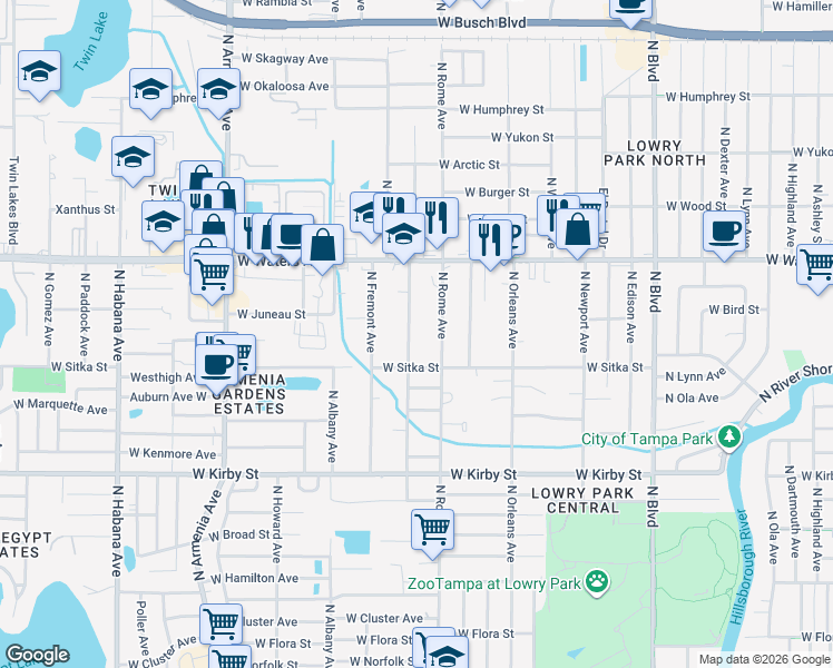 map of restaurants, bars, coffee shops, grocery stores, and more near 8127 North Packwood Avenue in Tampa