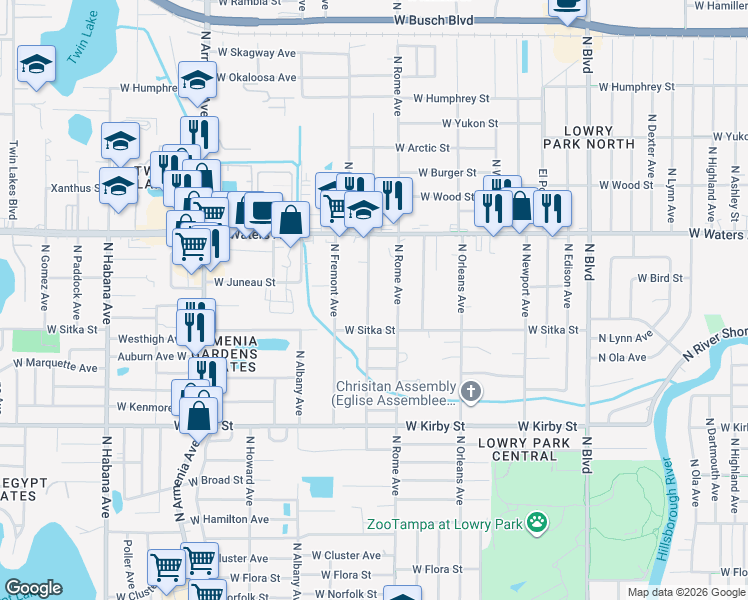map of restaurants, bars, coffee shops, grocery stores, and more near 8127 North Packwood Avenue in Tampa