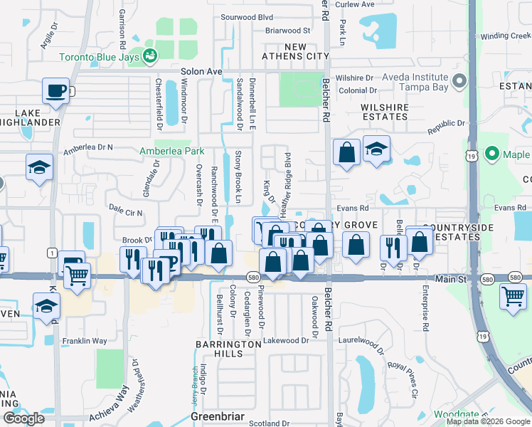 map of restaurants, bars, coffee shops, grocery stores, and more near 1425 Doolittle Drive in Dunedin