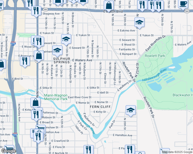 map of restaurants, bars, coffee shops, grocery stores, and more near 8205 North Semmes Street in Tampa