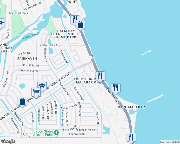 map of restaurants, bars, coffee shops, grocery stores, and more near 1040 Linwood Lane Northeast in Palm Bay