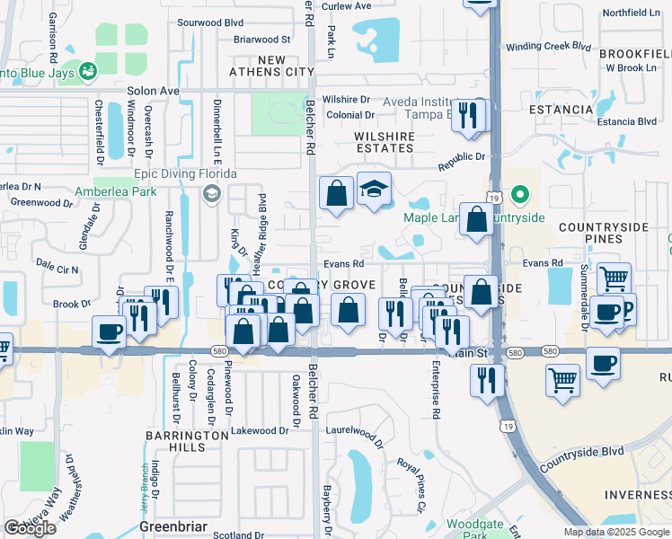 map of restaurants, bars, coffee shops, grocery stores, and more near 2797 Country Way in Clearwater