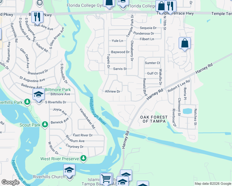 map of restaurants, bars, coffee shops, grocery stores, and more near 7017 Allview Drive in Tampa