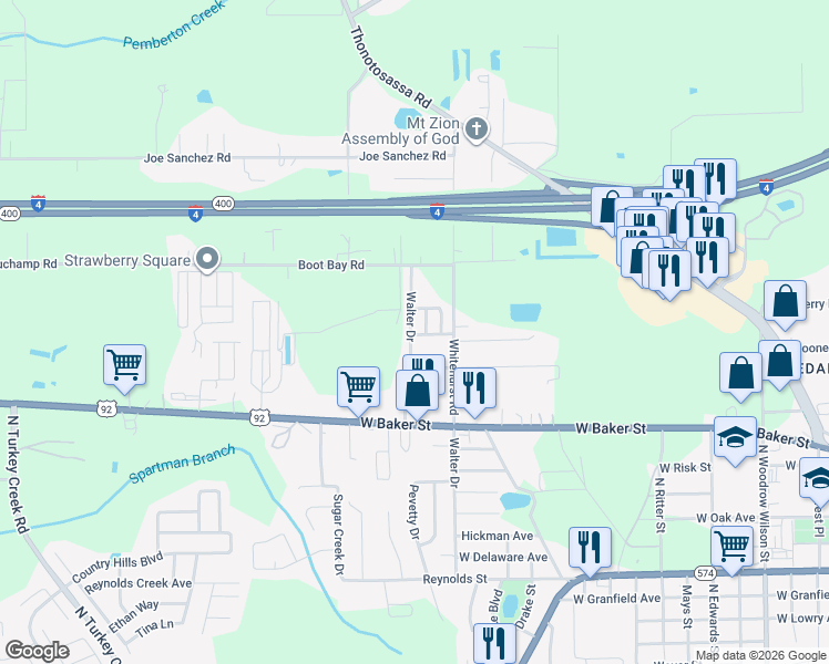 map of restaurants, bars, coffee shops, grocery stores, and more near 75 Walters Drive in Plant City