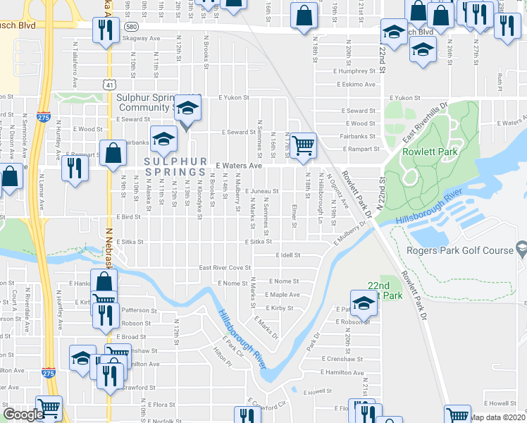 map of restaurants, bars, coffee shops, grocery stores, and more near 8204 North Semmes Street in Tampa