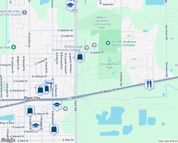 map of restaurants, bars, coffee shops, grocery stores, and more near 2202 Village Park Road in Plant City
