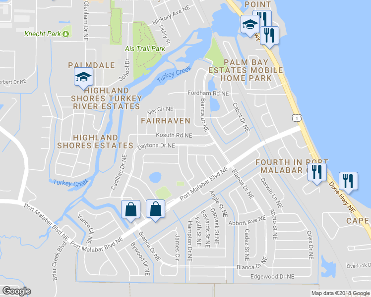map of restaurants, bars, coffee shops, grocery stores, and more near 1111 Daytona Drive Northeast in Palm Bay