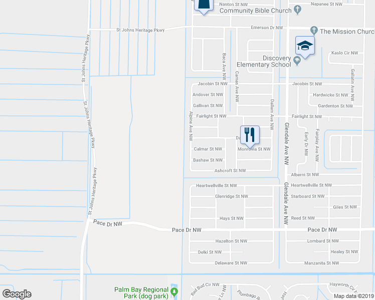 map of restaurants, bars, coffee shops, grocery stores, and more near 998 Alpine Avenue Northwest in Palm Bay