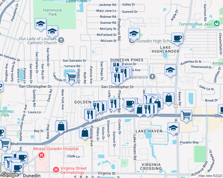 map of restaurants, bars, coffee shops, grocery stores, and more near 1391 Lady Marion Lane in Dunedin