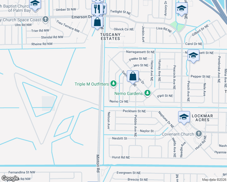 map of restaurants, bars, coffee shops, grocery stores, and more near 956 Pellam Avenue Northeast in Palm Bay