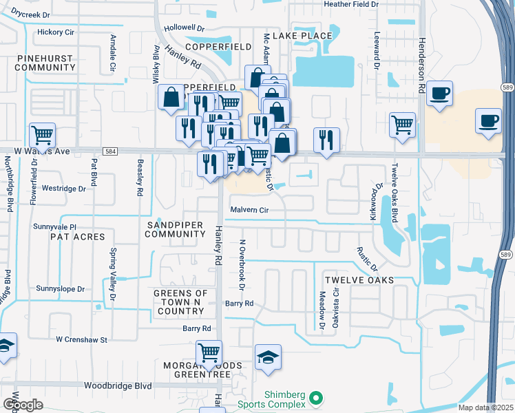 map of restaurants, bars, coffee shops, grocery stores, and more near 8215 Malvern Circle in Tampa