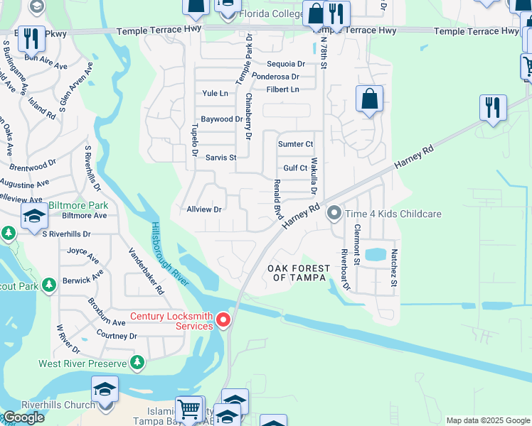 map of restaurants, bars, coffee shops, grocery stores, and more near 7510 Okeechobee Court in Tampa