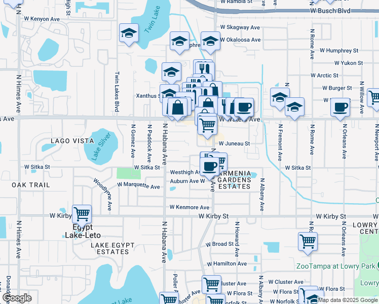 map of restaurants, bars, coffee shops, grocery stores, and more near 2523 West Bird Street in Tampa