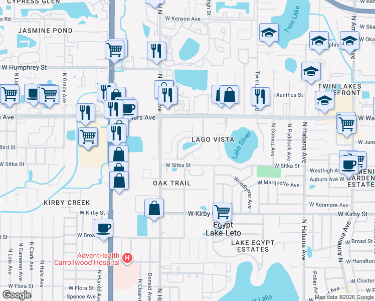 map of restaurants, bars, coffee shops, grocery stores, and more near 8210 La Serena Drive in Tampa