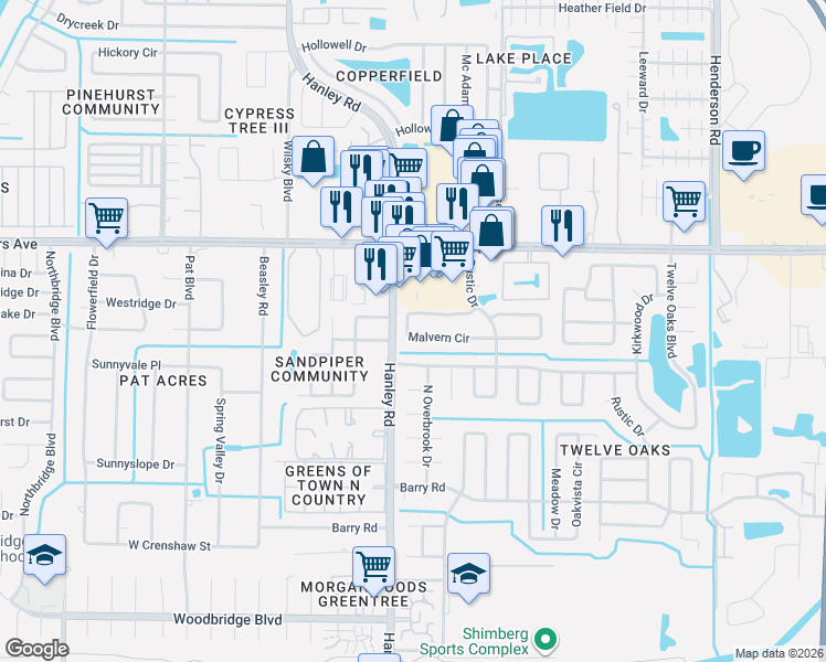 map of restaurants, bars, coffee shops, grocery stores, and more near 8239 Malvern Circle in Tampa