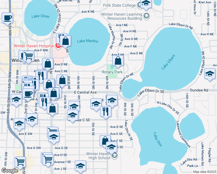 map of restaurants, bars, coffee shops, grocery stores, and more near 602 Avenue A Northeast in Winter Haven