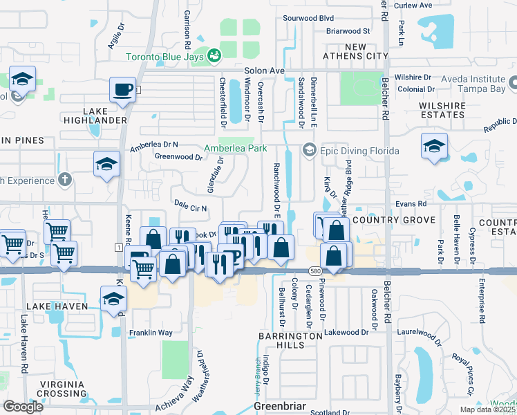 map of restaurants, bars, coffee shops, grocery stores, and more near 1200 Overcash Drive in Dunedin