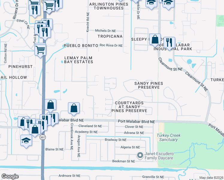 map of restaurants, bars, coffee shops, grocery stores, and more near 1001 Goldenrod Circle Northeast in Palm Bay