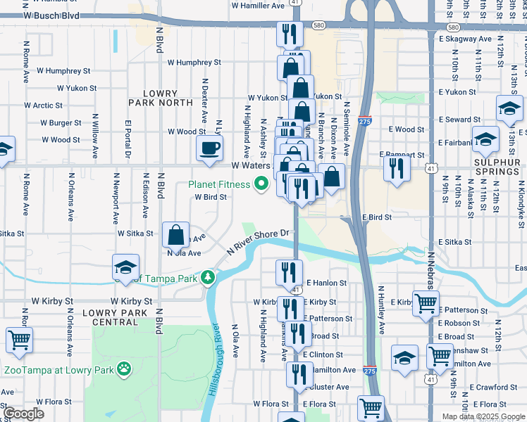 map of restaurants, bars, coffee shops, grocery stores, and more near 8220 North Florida Avenue in Tampa