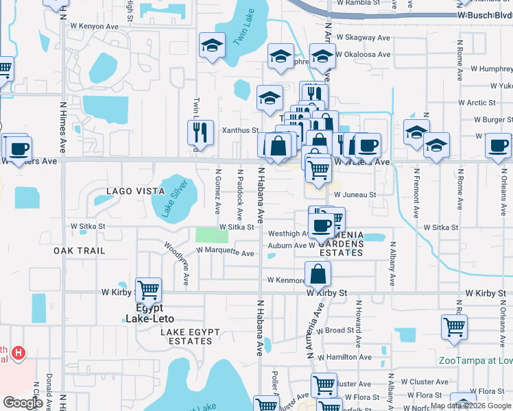 map of restaurants, bars, coffee shops, grocery stores, and more near 2707 West Bird Street in Tampa