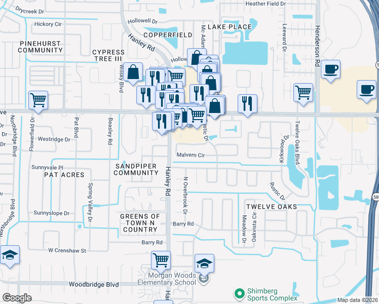 map of restaurants, bars, coffee shops, grocery stores, and more near 8215 Malvern Circle in Tampa