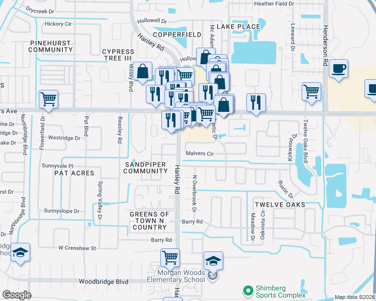 map of restaurants, bars, coffee shops, grocery stores, and more near 8239 Malvern Circle in Tampa